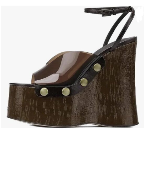 YDN Shoes - YDN Saddle Brown Studded High Thick Platform Wedge Heel Ankle Strap Sandals